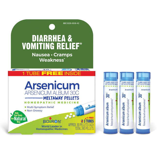Boiron Arsenicum Album 30C Bonus Pack includes three tubes of meltaway pellets for natural relief of diarrhea, nausea, cramps, vomiting, and weakness. Features green label highlighting these benefits.*.