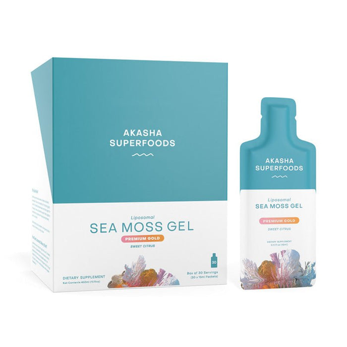 A box and bottle of Akasha Superfoods Liposomal Sea Moss Gel are shown side by side with colorful seaweed designs, highlighting antioxidants and support for healthy digestion.