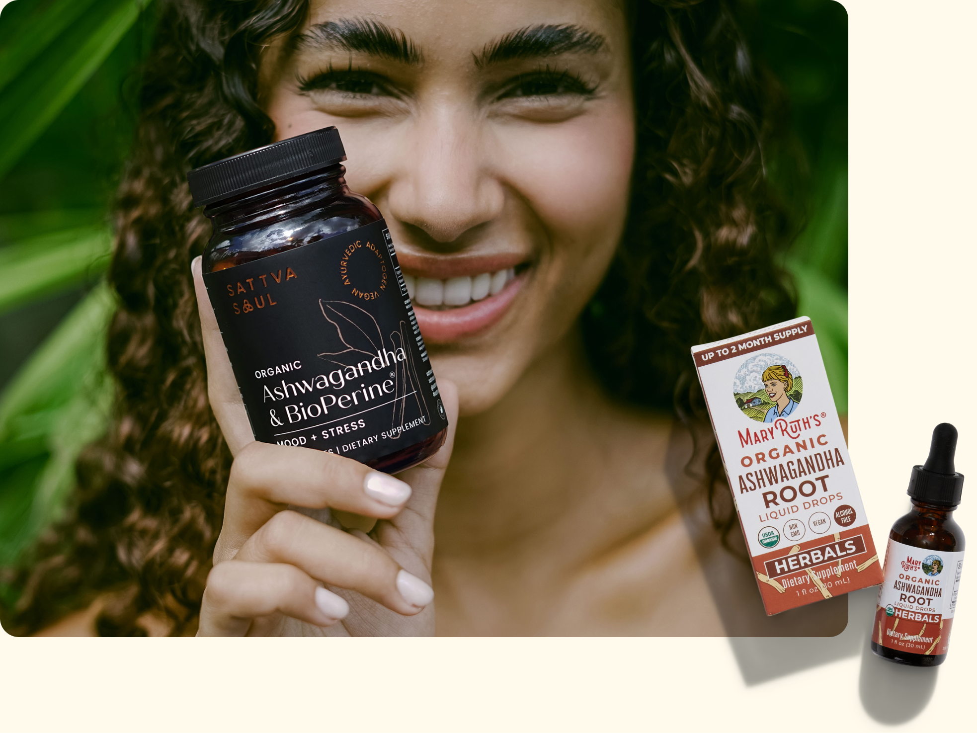 A smiling woman holds a jar of Sativa Soul Organic Ashwagandha & BioPerine capsules. Beside her, a box and bottle of MaryRuth’s Organic Ashwagandha Root liquid drops are shown on a light surface.