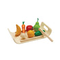 The PlanToys Wooden Assorted Fruit and Vegetable Food Set features colorful wooden pear, carrot, tomato, mushroom, and lemon plus a knife for pretend cutting—ideal for developing fine motor skills during play.