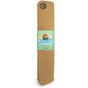 The Yoloha Yoga Tiger Lotus Aura Cork Yoga Mat, featuring a green label with a lotus flower and sun illustration, is shown rolled up and standing upright on a white background.