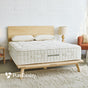 A modern bedroom with a wooden bed frame, an Avocado Green Mattress Luxury Organic Mattress, white pillows, two beige lamps, and a small orange chair. The PureTalalay logo appears in the bottom left corner.