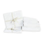 A set of neatly folded Avocado Organic Indian Cotton 400 TC Sheet Set in white, tied with beige ribbons on a white background, showcases its GOTS certified quality for added peace of mind.
