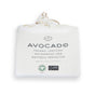 The Avocado Organic Crib Waterproof Mattress Protector comes in a white fabric bag with minimalist text and icons, drawstring closure, eco-friendly certification logos, and is MADE SAFE certified.