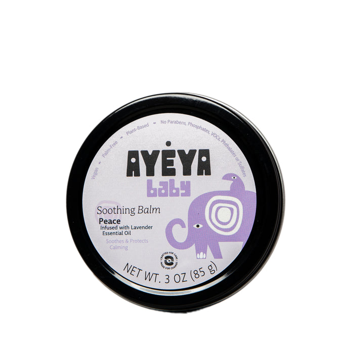 A 3 oz (85 g) round container of Ayeya Baby Balm with a lavender label featuring a purple elephant, infused with lavender essential oil to protect and heal babys skin.