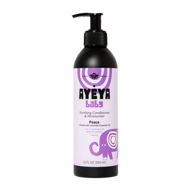 A bottle of Ayeya Baby Conditioner & Moisturizer with a black pump, purple and white label, and cartoon elephant. Contains lavender essential oil for deep moisturizing and calming care for babies.