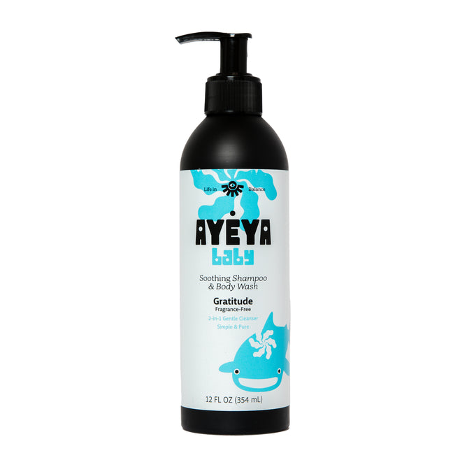 Ayeya Baby Shampoo & Body Wash for delicate skin is fragrance-free, comes in a 12 fl oz (354 ml) bottle with a black pump and blue whale on the white label.