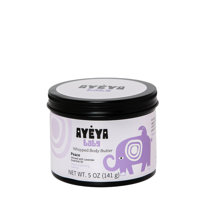 Ayeya Baby Body Butter, labeled Peace, features lavender and shea to prevent dryness. It has a purple elephant on a white label with a black screw-on lid. Net weight: 5 oz (141 g). Ideal for gentle daily use.