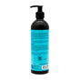 A black pump bottle from Ayeya with a turquoise label features the Moisturizing Body Lotion. The back has small, dense text listing directions, ingredients, and company info—ideal for replenishing your skin.