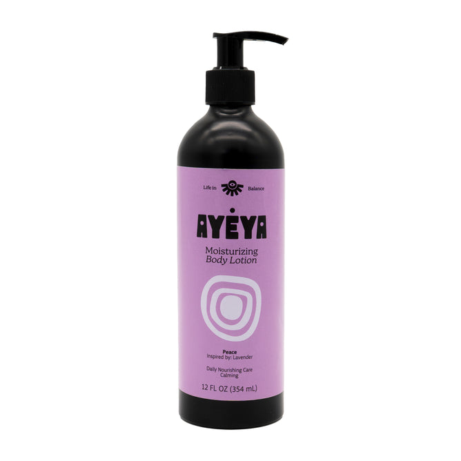 A black bottle of Ayeya Moisturizing Body Lotion with a pump and lavender-hued label reading Peace Inspired by Lavender, 12 fl oz (354 mL)—ideal for deep skin hydration and replenishment.