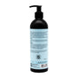 A black pump bottle of Ayeya Moisturizing Body Wash stands upright on a white background, featuring a blue label with product details in black text and a calming scent from essential oils.