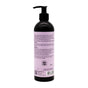 A black pump bottle of Ayeya Moisturizing Body Wash features a light purple ingredient label, calming essential oil scent, support text for African communities, cruelty-free logos, and both QR code and barcode.