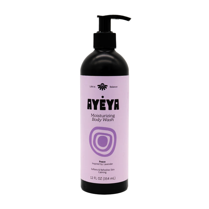 A 12 fl oz (354 ml) bottle of Ayeya Moisturizing Body Wash with a black pump, lavender label, and purple geometric design. Infused with essential oils for a calming lavender scent that softens and refreshes skin. Label highlights Peace.