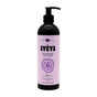A 12 fl oz (354 ml) bottle of Ayeya Moisturizing Body Wash with a black pump, lavender label, and purple geometric design. Infused with essential oils for a calming lavender scent that softens and refreshes skin. Label highlights Peace.