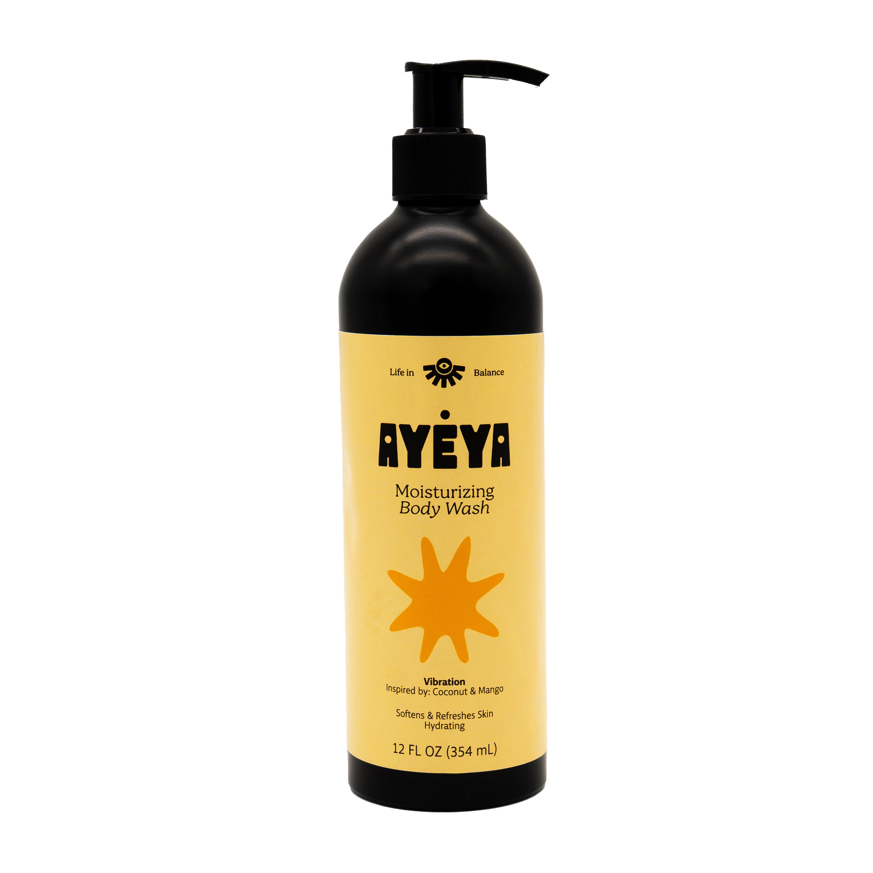 A black pump bottle of Ayeya Moisturizing Body Wash features a yellow starburst label. Infused with essential oils, coconut, and mango, it hydrates and softens skin with a calming scent. 12 fl oz (354 ml).
