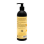 A black pump bottle of Ayeya Nourishing Conditioner with a yellow label listing clean ingredients and product details in small print is shown from the back. Icons and a QR code are printed at the bottom. Suitable for all hair textures.