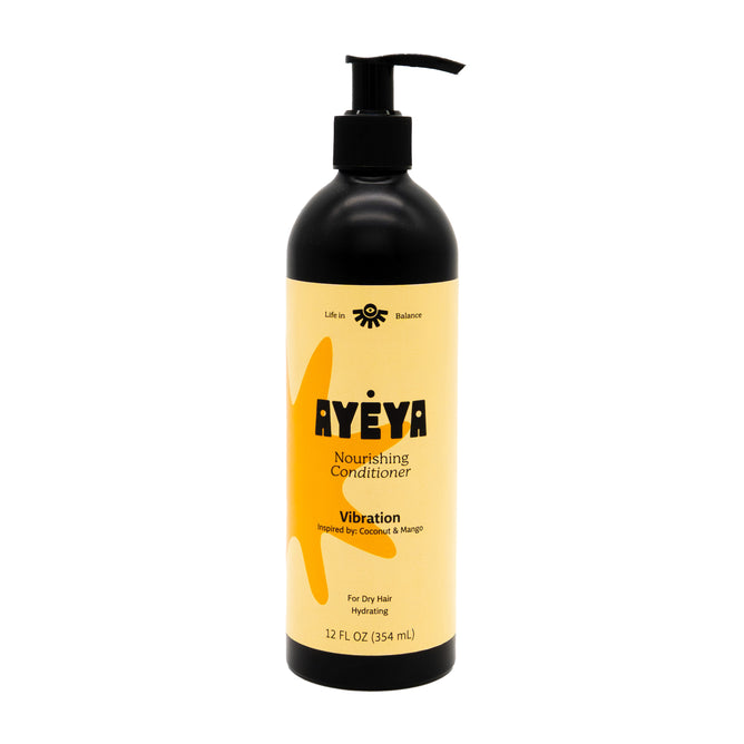 Ayeya Nourishing Conditioner, 12 fl oz (354 mL), features a black pump top and yellow label marked Vibration and Inspired by Coconut & Mango. Suitable for dry hair/all textures, made with clean ingredients.