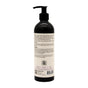A black pump bottle of Ayeya TABS Liquid shows the back label with product info, ingredients, and usage instructions in black text on a cream background. Made with Traditional African Black Soap, it purifies and detoxifies your skin.