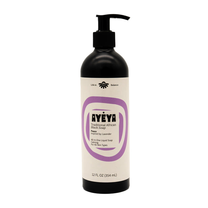 A black pump bottle labeled “Ayeya TABS Liquid” with a purple design, for all skin types, 12 fl oz (354 ml). The label highlights peace—detoxifies and purifies your skin with inspiring lavender in this all-in-one liquid soap.