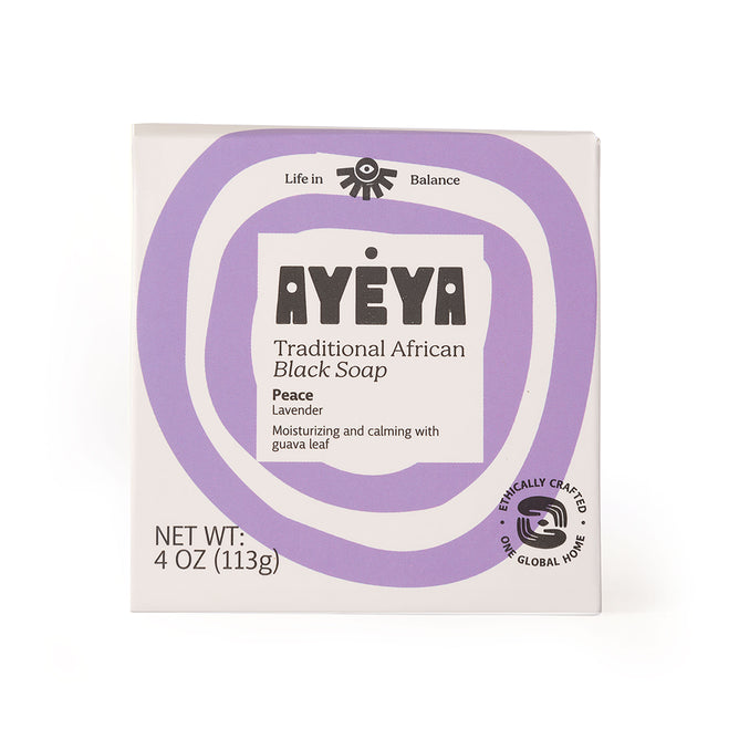 A box of Ayeya TABS Bar African Black Soap with lavender scent and antioxidant-rich oils. White packaging with purple accents features “Peace,” “Moisturizing and calming with guava leaf,” and a 4 oz (113g) net weight.