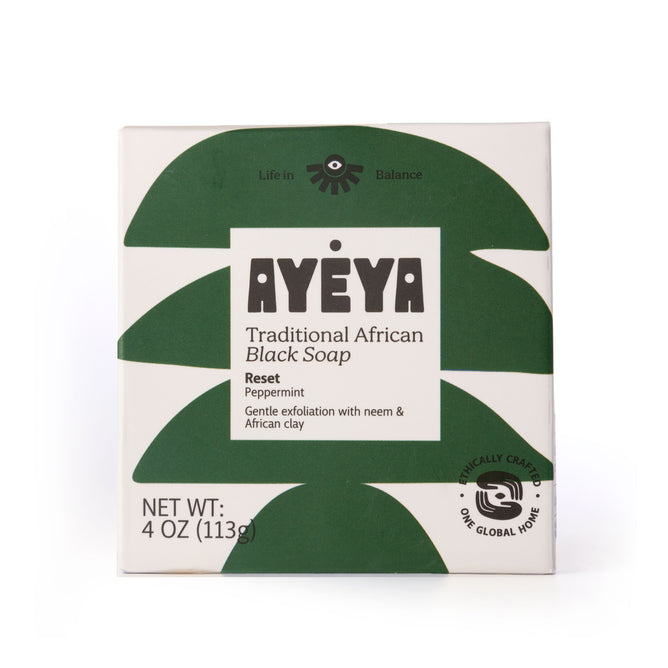 A 4 oz (113g) box of Ayeya TABS Bar African Black Soap with peppermint, green leaf designs, and labels for neem, African clay, natural exfoliants, and ethical crafting—ideal for oily skin.