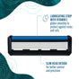 Close-up of a razor head with a blue lubricating strip labeled “Lubricating strip with Vitamin E” and text highlighting a slim head design for enhanced control and precision. The Preserve Shave 5 Replacement Blades (fits Preserve Shave 5 and POPi Shave 5) feature eco-friendly blades, supporting the ocean plastic initiative for a more sustainable shave.