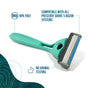 A teal razor handle with a five-blade cartridge features a decorative design at the bottom left corner. Made by Preserve, it is crafted from BPA-free materials, has never been tested on animals, and is compatible with all Preserve Shave 5 Replacement Blades (fits both Preserve Shave 5 and POPi Shave 5), as well as eco-friendly razor blades.
