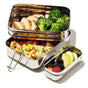 The EcoLunchBox Three-in-One Giant Stainless Steel Lunch Box features three stacked containers ideal for packing sliced chicken, broccoli, pasta salad, and fresh fruit for a healthy bento-style meal.