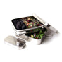 The EcoLunchBox Three-in-One Giant Stainless Steel Lunch Box with two stacked compartments—top with blackberries, bottom with fresh salad—has its non-toxic lid open. A small matching container sits beside it.