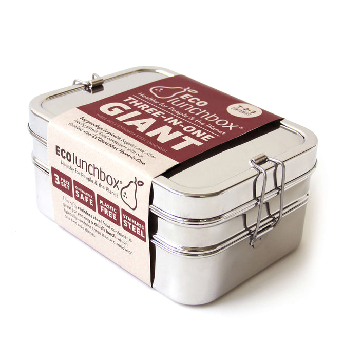 The EcoLunchBox Three-in-One Giant Stainless Steel Lunch Box is a large, non-toxic, plastic-free container with secure metal clasps and a brown and cream paper label.