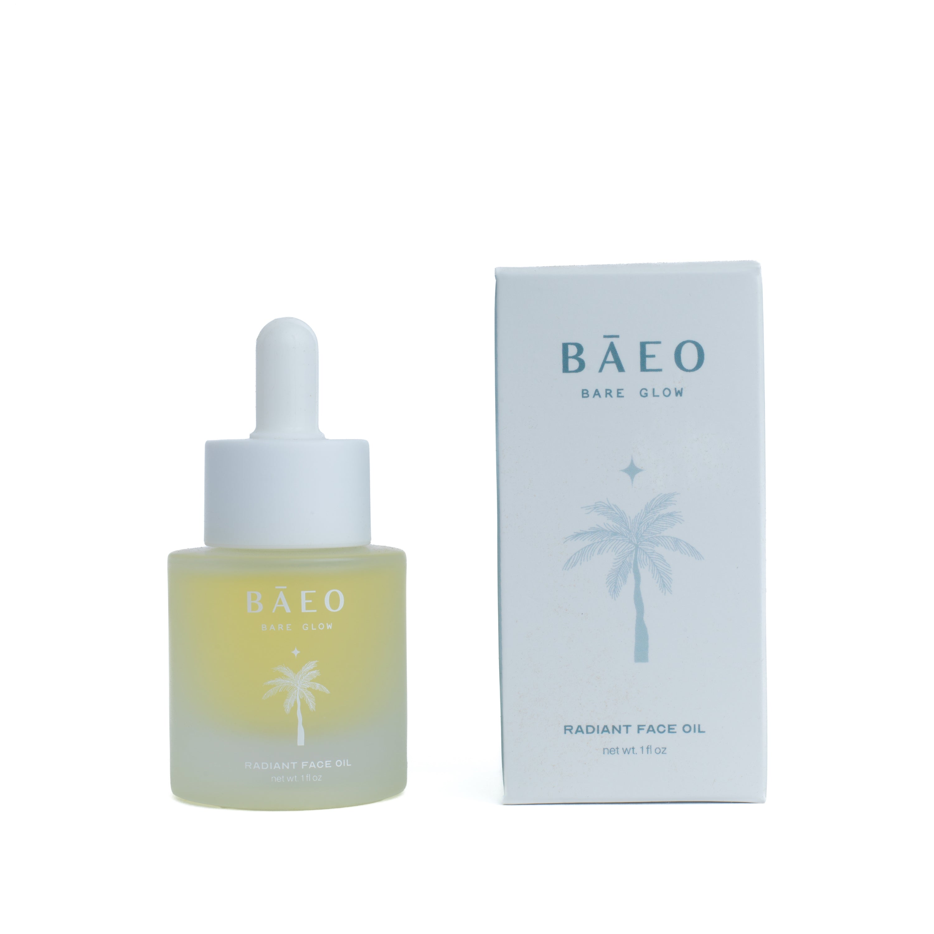 A dropper bottle of Baeo Bare Glow - Radiant Face Oil sits beside its light blue box, both featuring a minimalist palm tree design.