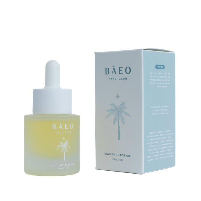 A bottle of Baeo Bare Glow - Radiant Face Oil with a dropper cap sits beside its light blue and white box, adorned with a palm tree illustration—ideal for restorative hydration and a radiant complexion.
