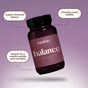 A dark pink Rookie Wellness Balance Capsules bottle floats on a purple background. Text bubbles highlight PMS relief, hormone balance support, mood stability, and smooth monthly cycle transition.