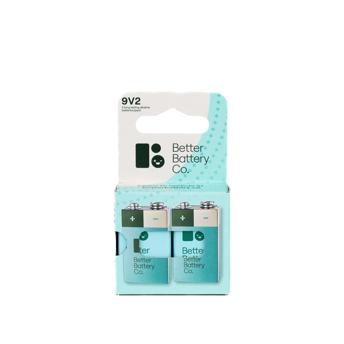 A 2-pack of Better Battery Co’s 9V Batteries—the world’s first zero-waste, carbon-neutral alkaline batteries—in teal and white packaging with logo and product info on the front.