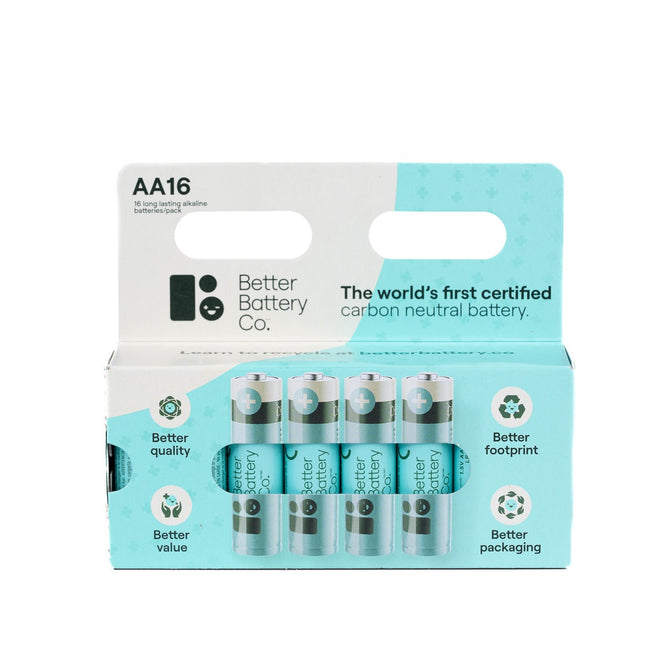 A box of Better Battery Co AA Batteries—the world’s first zero-waste, carbon-neutral alkaline batteries—displays four batteries through a window and features better quality, sustainable energy, value, and plastic-free packaging.