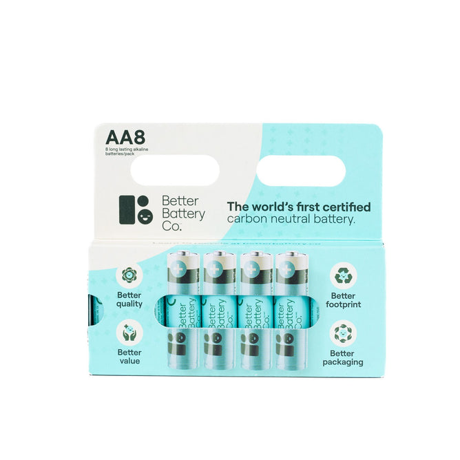 A pack of eight AA batteries from Better Battery Co, the worlds first zero-waste, carbon-neutral alkaline batteries, in white and teal packaging—designed for better quality, value, footprint, and packaging.