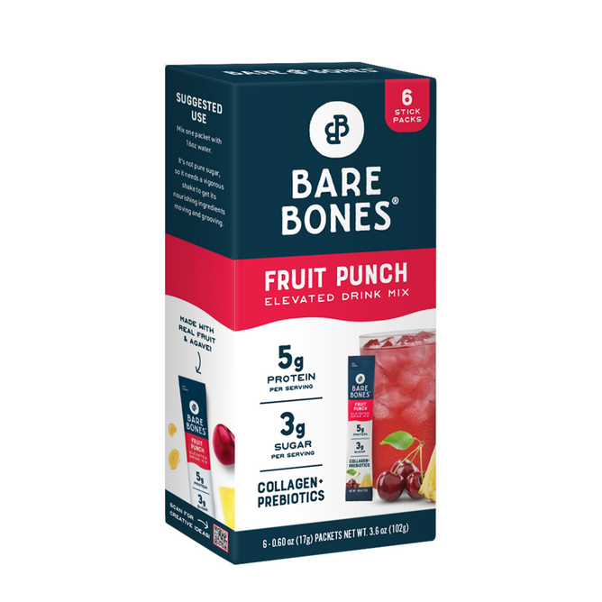 A box of Bare Bones Fruit Punch Elevated Drink Mix, 6 ct, features 5g collagen protein, 3g sugar per serving, hydration support, and prebiotics. Fruit images decorate the side of the box.