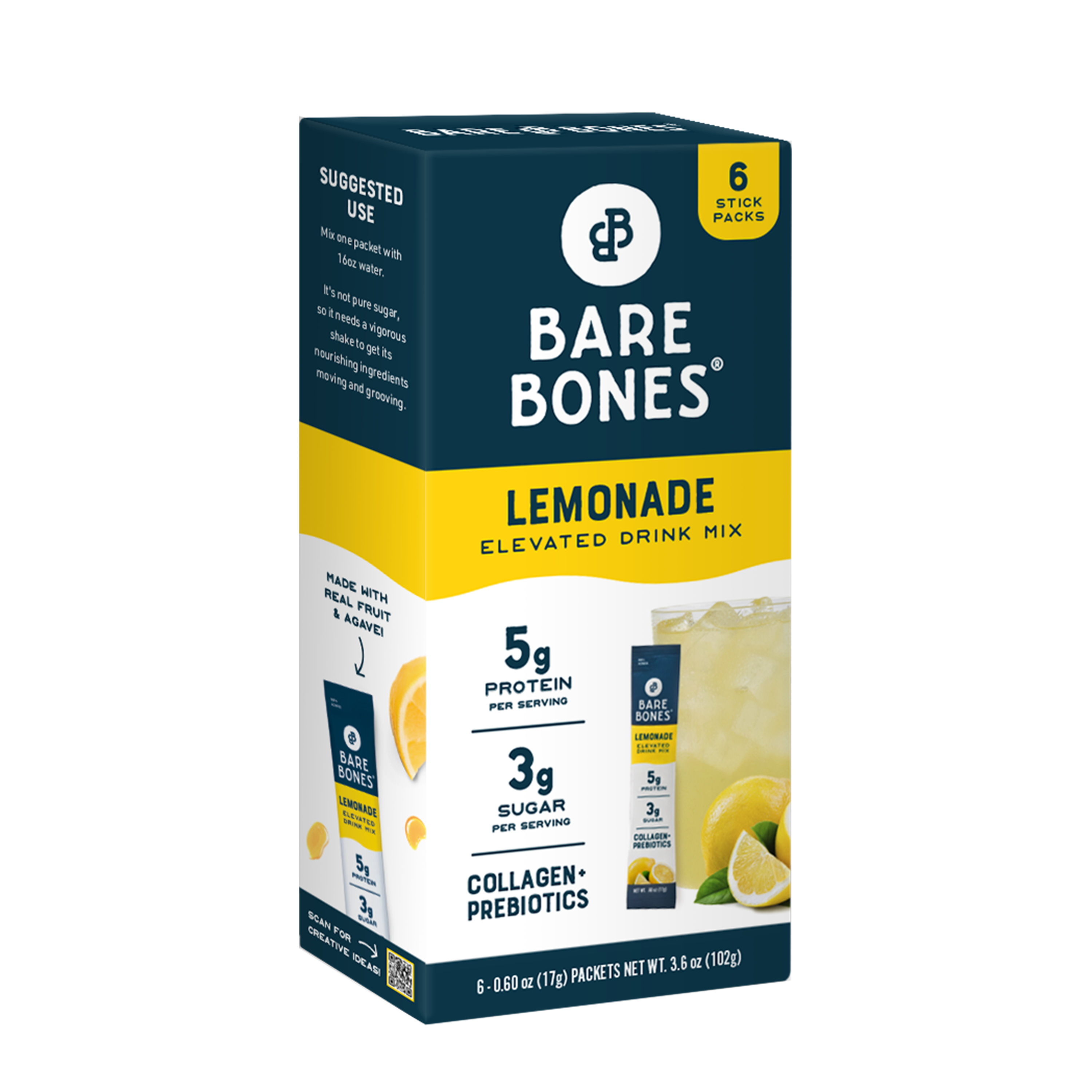 Bare Bones Lemonade Elevated Drink Mix, 6 ct, features 5g collagen protein, 3g sugar per serving, plus prebiotics. The box shows a lemon and a glass of lemonade on the front.