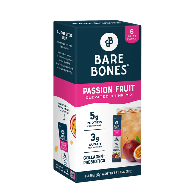 A box of Bare Bones Passionfruit Elevated Drink Mix, 6 ct, contains stick packs with collagen protein, 5g protein, 3g sugar per serving, and prebiotics. The packaging displays passion fruit and a glass of the drink mix.