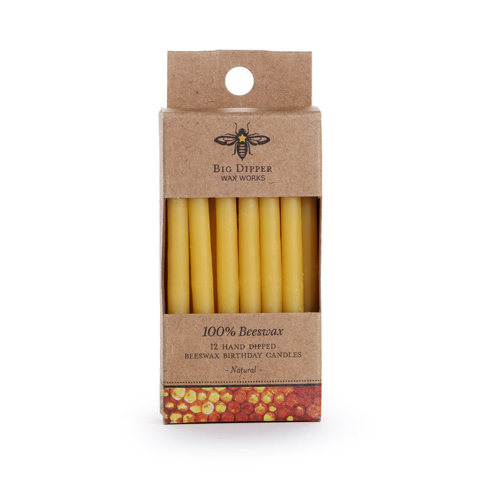 A brown box labeled Big Dipper Wax Works contains 12 yellow, all-natural Birthday Tapers. The packaging has a bee logo, a honeycomb pattern at the bottom, and a clear window displaying the candles.