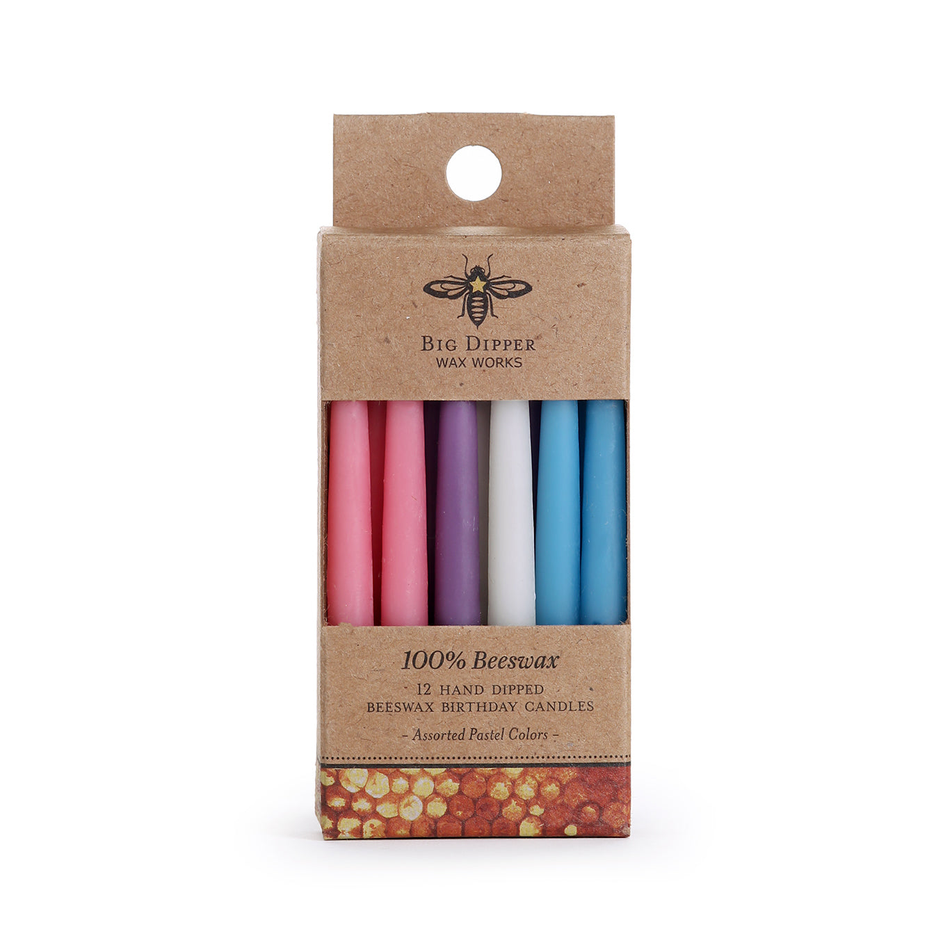 Celebrate naturally with Birthday Tapers 12 pk by Big Dipper Wax Works—12 hand-dipped beeswax candles in pastel pink, red, purple, white, and blue. Synthetic-free and packaged in brown cardboard with the brand’s bee logo.