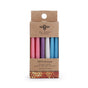 Celebrate naturally with Birthday Tapers 12 pk by Big Dipper Wax Works—12 hand-dipped beeswax candles in pastel pink, red, purple, white, and blue. Synthetic-free and packaged in brown cardboard with the brand’s bee logo.