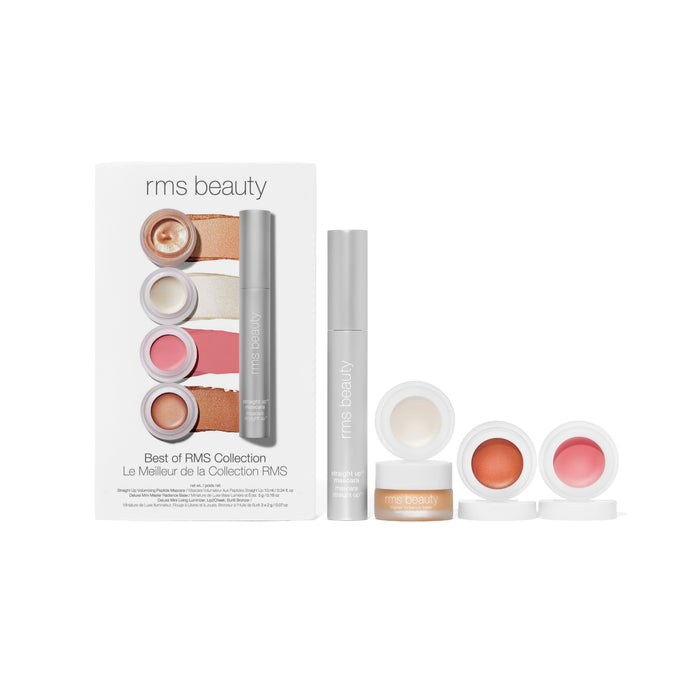 The image features the RMS Beauty Best of RMS Collection, showcasing a box with swatches, their volumizing peptide mascara, and three mini cream makeup pots side by side.