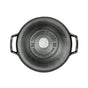 Overhead view of the Lodge Blacklock Dutch Oven - Triple Seasoned, Lightweight, featuring two side handles and a lid embossed with BLACKLOCK 1896, SOUTH PITTSBURG, TENN, and a central logo.