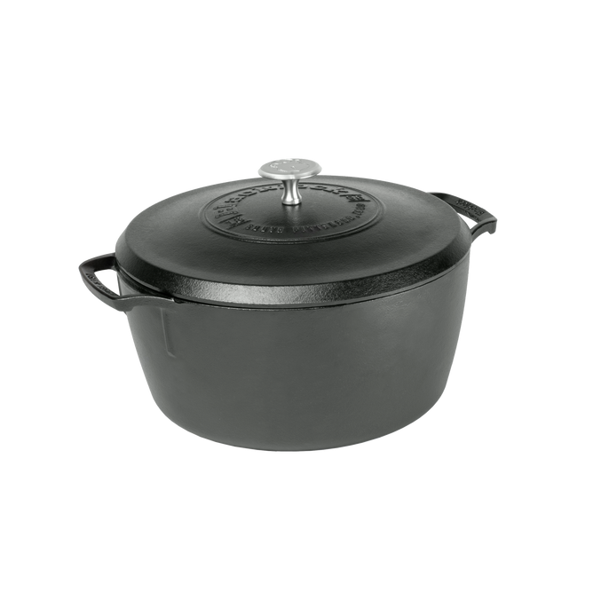 The Lodge Blacklock Blacklock Dutch Oven - Triple Seasoned, Lightweight features a black finish, matching lid with metal knob, and two side handles, all set against a plain white background.