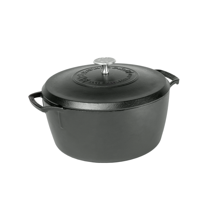 The Lodge Blacklock Blacklock Dutch Oven - Triple Seasoned, Lightweight features a black finish, matching lid with metal knob, and two side handles, all set against a plain white background.