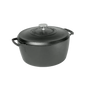 The Lodge Blacklock Blacklock Dutch Oven - Triple Seasoned, Lightweight features a black finish, matching lid with metal knob, and two side handles, all set against a plain white background.