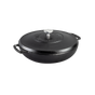 The Lodge Blacklock Cast Iron Braiser with Lid is a lightweight, triple seasoned black braiser. It features a rounded body, two handles, and a domed lid with a silver knob, embossed text, and textured surface—all set against a plain white background.