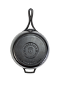The Lodge Blacklock Cast Iron Deep Skillet With Lid is a lightweight, triple-seasoned skillet; shown from above with the “Blacklock” logo, sheep graphic, and embossed text on the bottom. Nontoxic cookware designed to last.