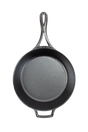 The Lodge Blacklock Cast Iron Deep Skillet With Lid is a triple seasoned, lightweight, nontoxic pan with long and helper handles, shown from above on a white background.